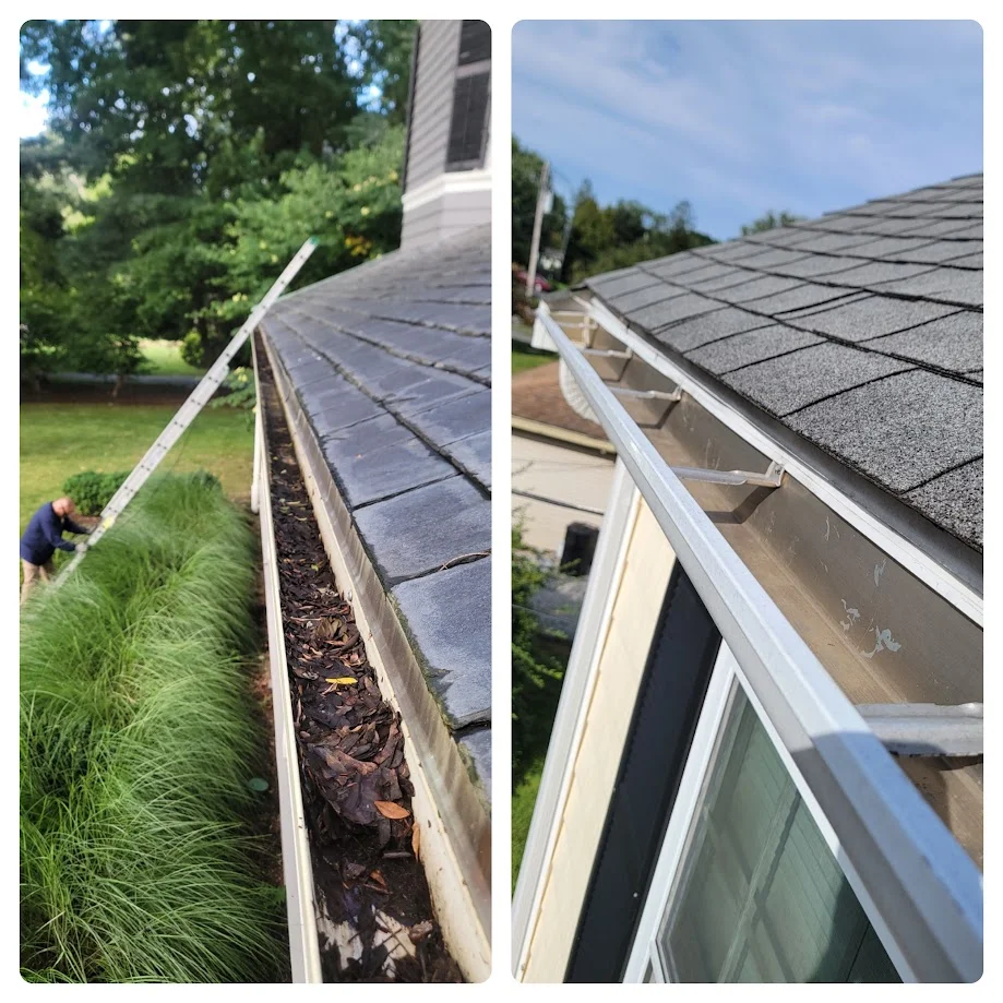 Before and after photo of a gutter cleaning job — clogged gutter full of leaves compared to the same gutter clear and clean