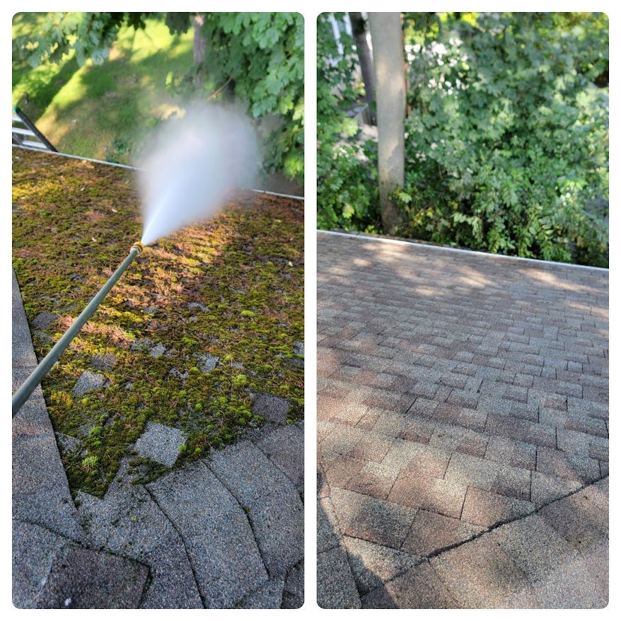 Before and after photo of a mossy roof power washed clean